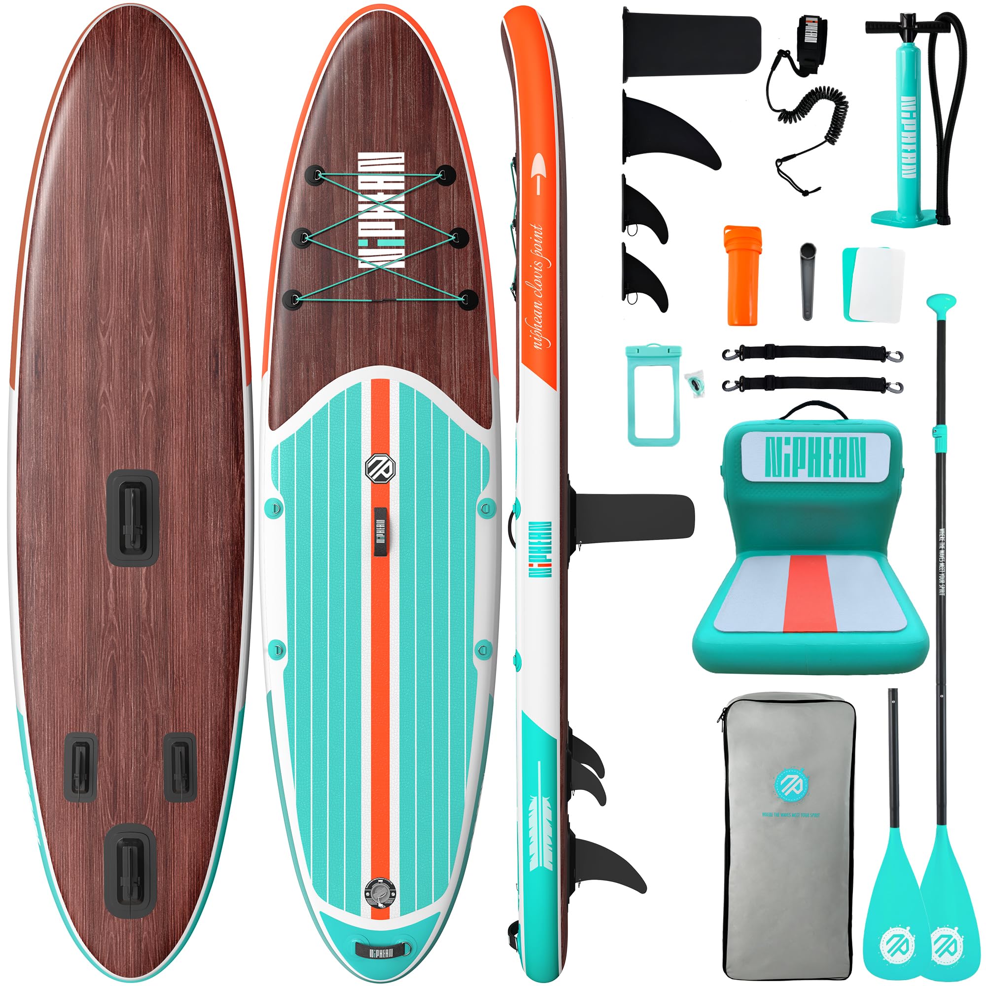 Inflatable stand up paddle board with teal and orange design plus paddle, pump, fins, seat, and accessories