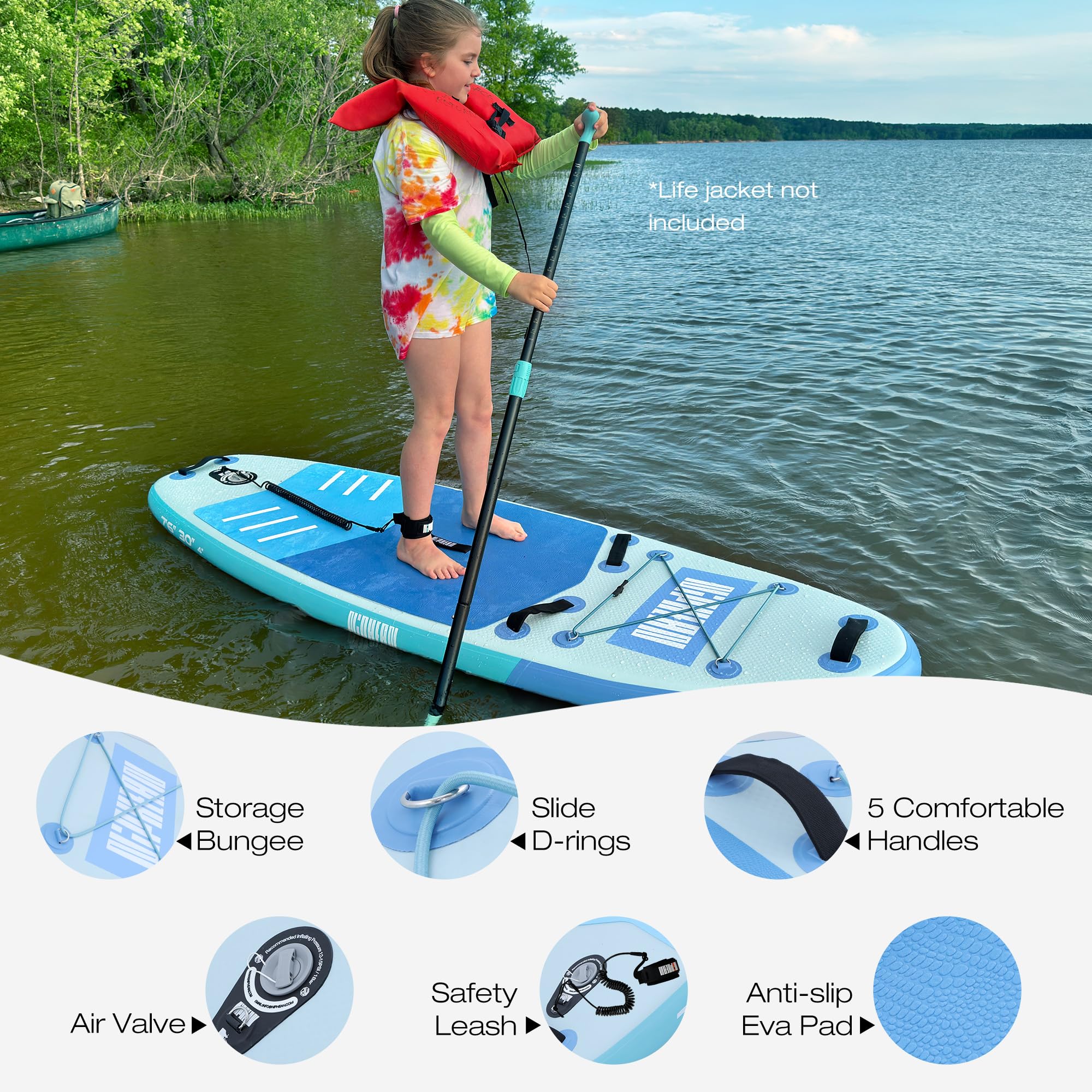 Young girl standing on blue inflatable stand up paddle board with paddle on calm lake near trees