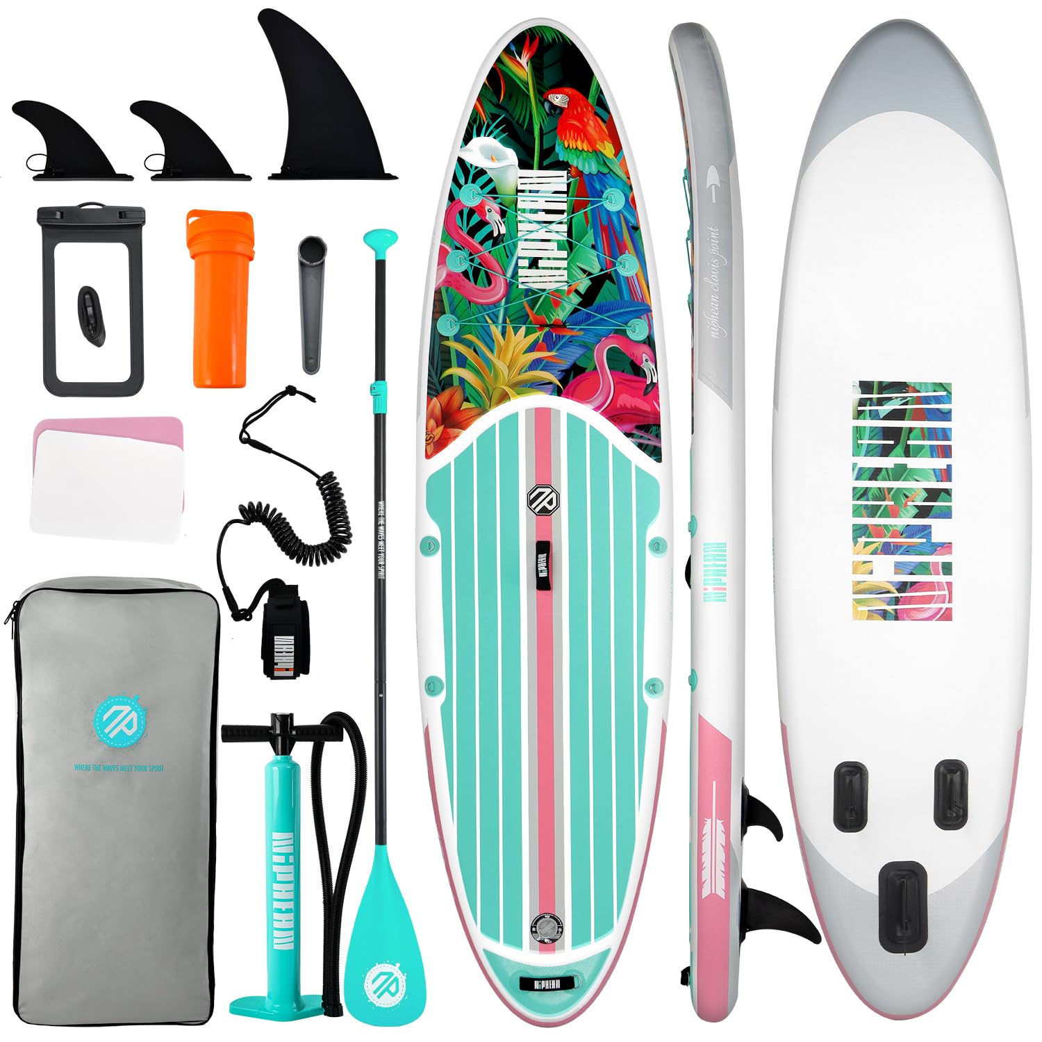Craques inflatable stand up paddle board with tropical design and complete accessory kit including fins, paddle, pump, leash, and carrying bag