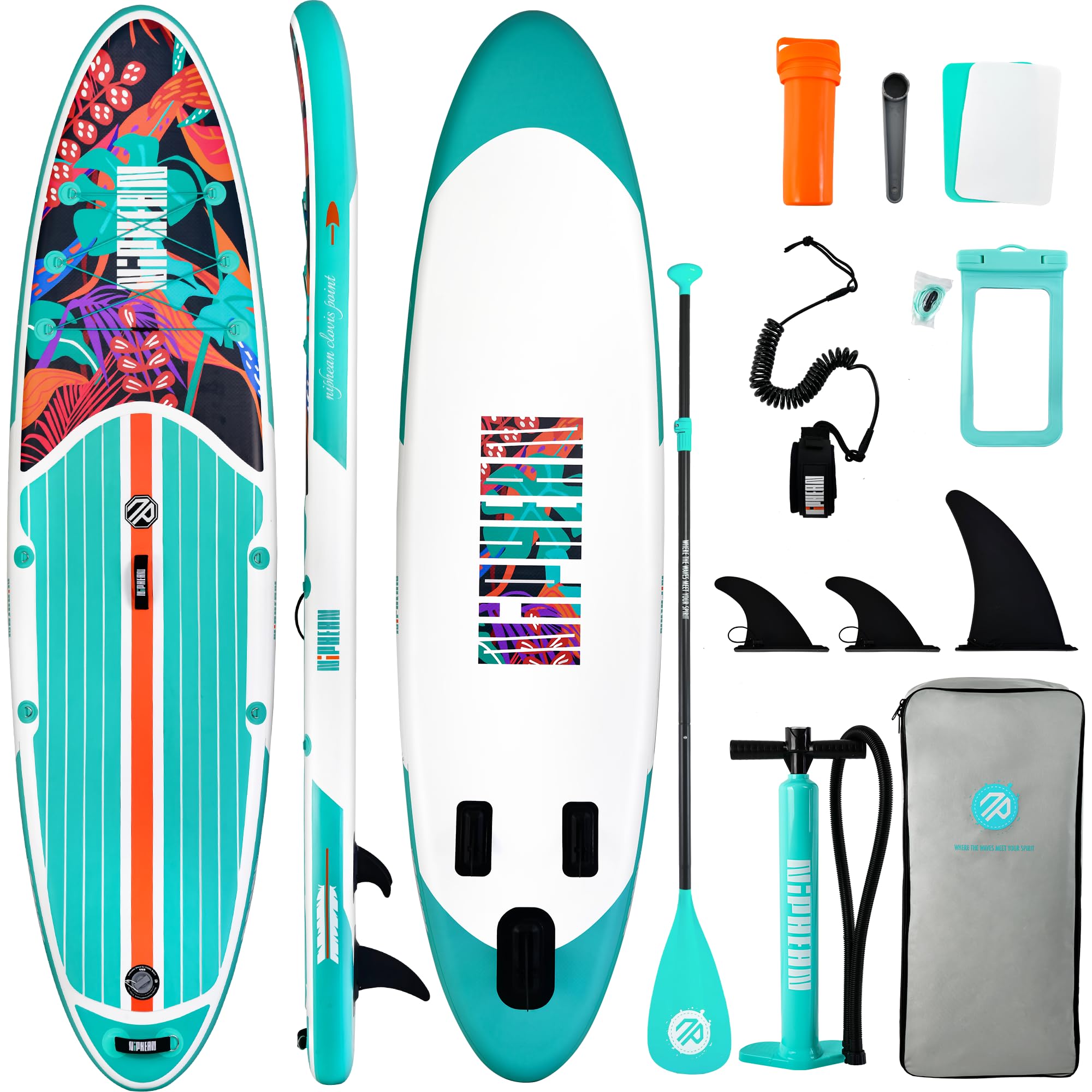 Craques inflatable stand up paddle board with paddle fins pump and carrying bag in teal and white