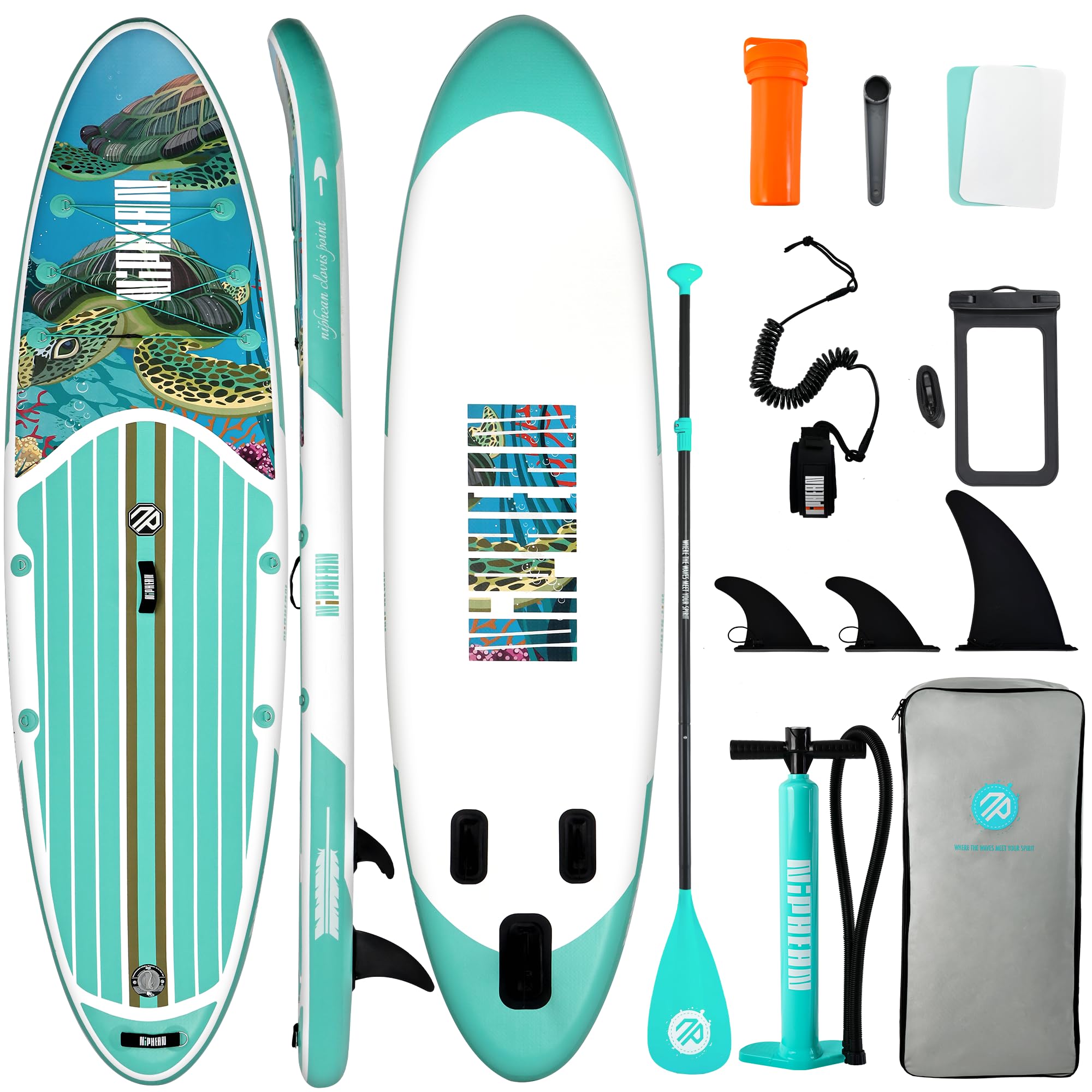 Craques inflatable stand up paddle board with turtle design, paddle, pump, fins, and accessories kit