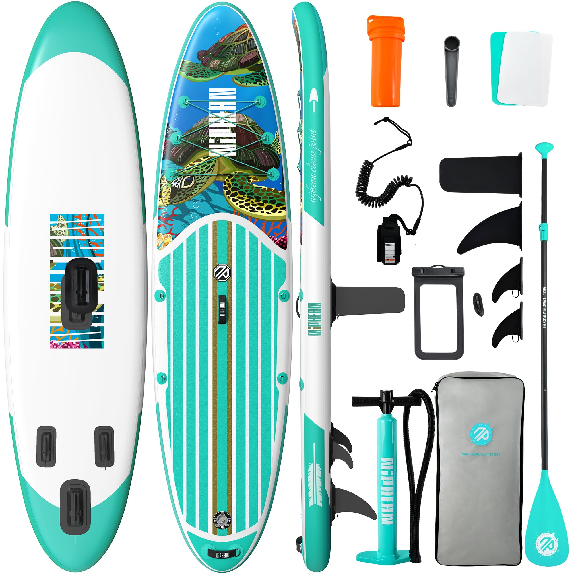 Craques inflatable stand up paddle board with turtle design and included accessories in teal and white colors