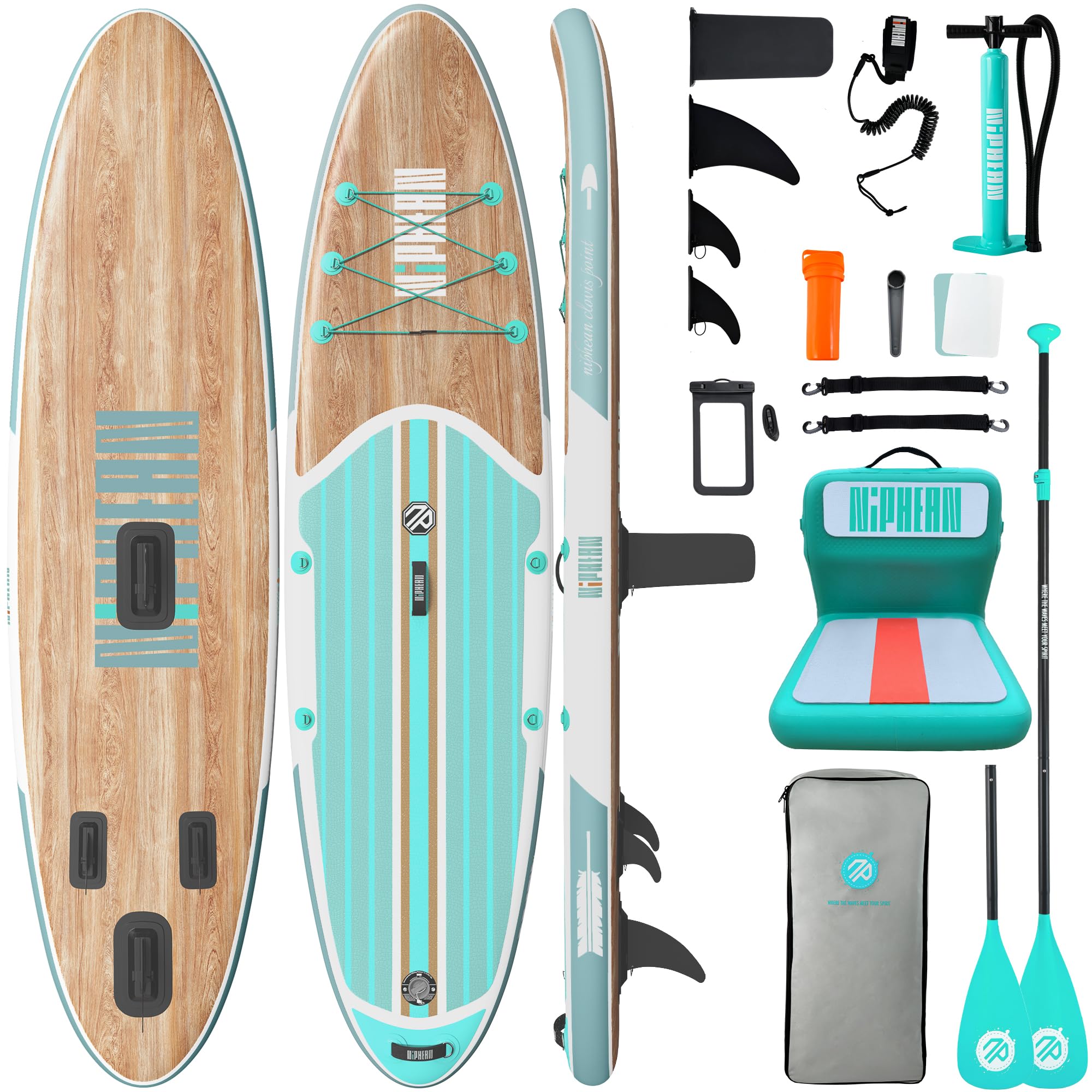 Craques inflatable stand up paddle board with wood grain design includes paddle, pump, fins, seat, leash, and carrying bag