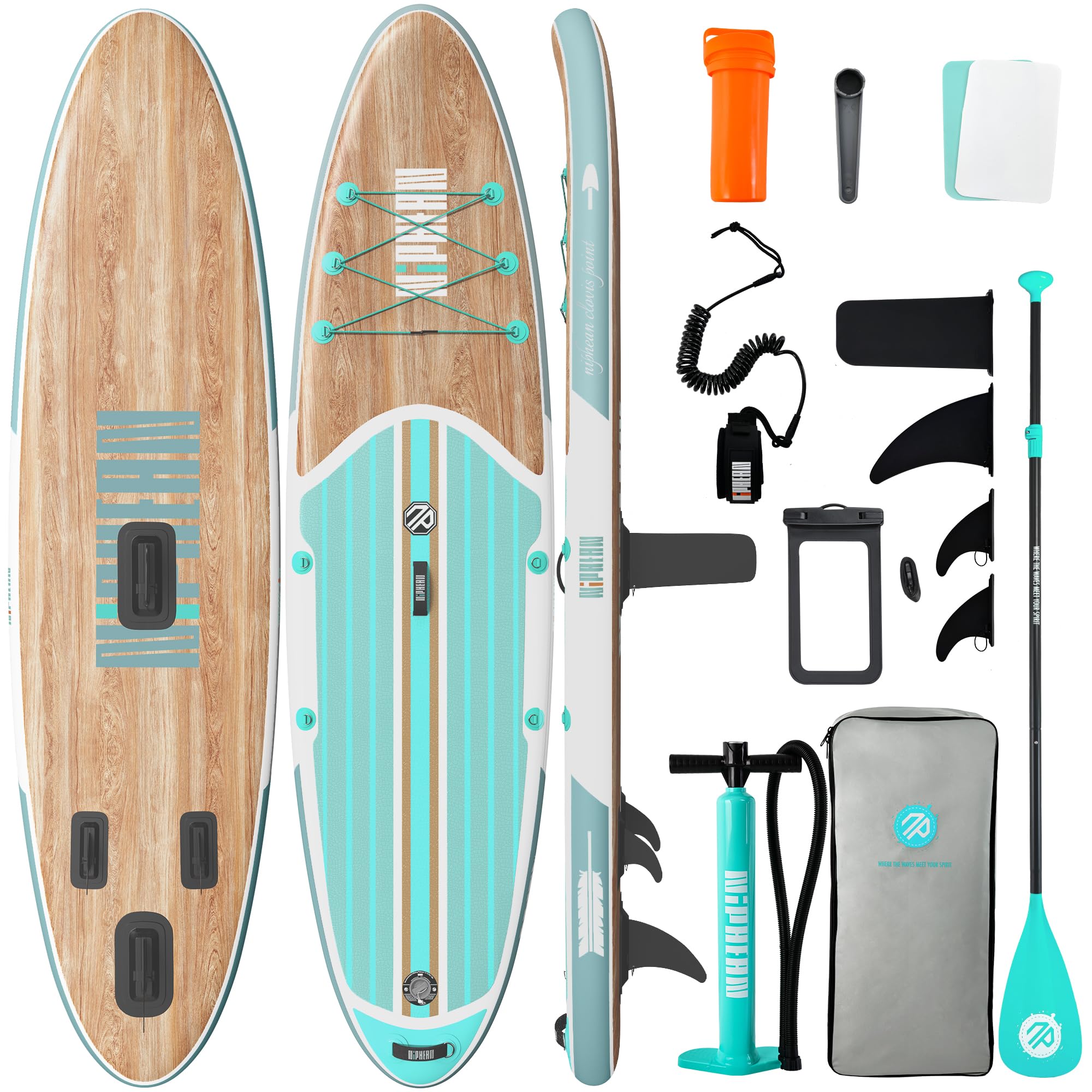 Craques inflatable stand up paddle board with wood pattern deck and teal accents including paddle pump fins and carry bag