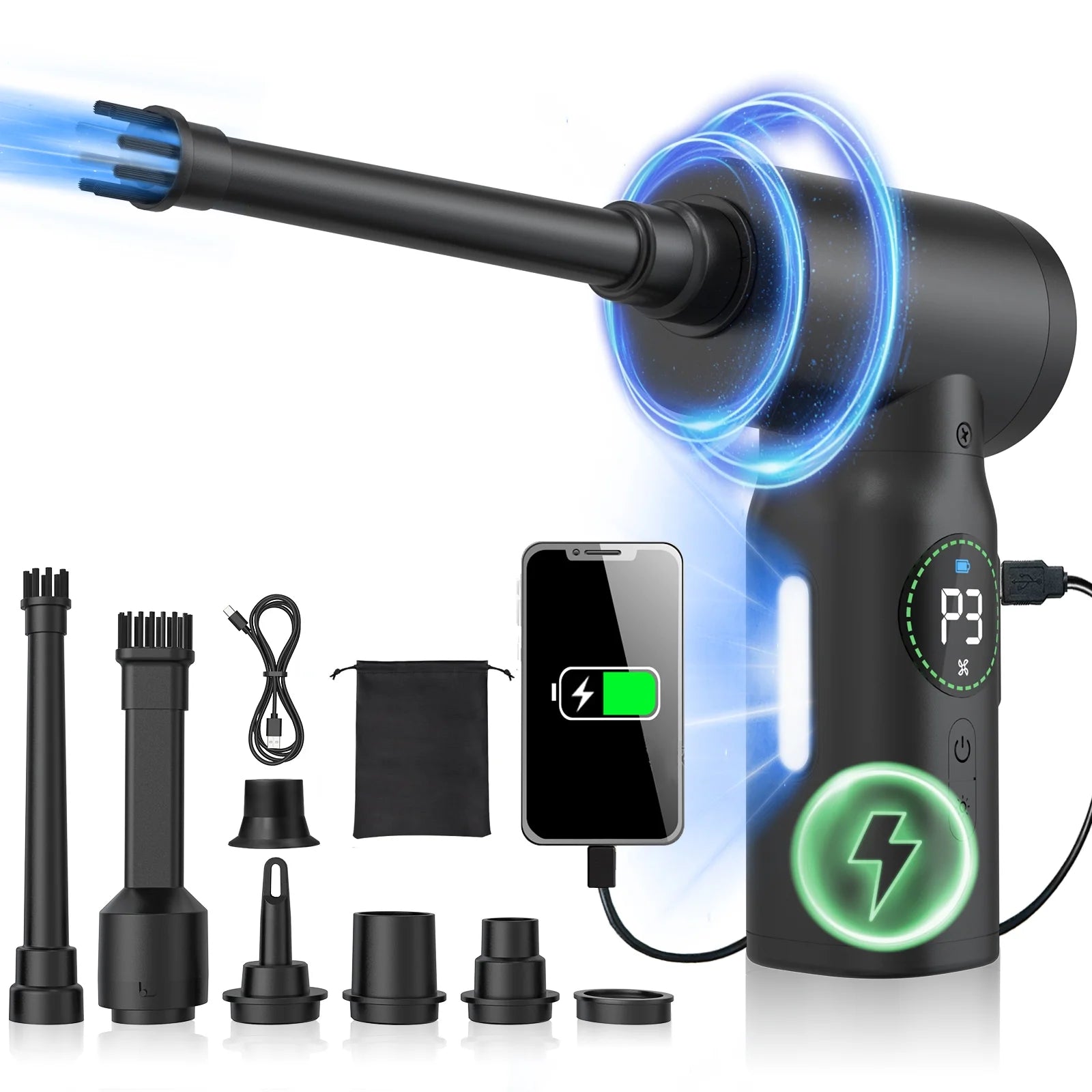 Craques high power air duster for electronics with multiple nozzles and USB rechargeable design