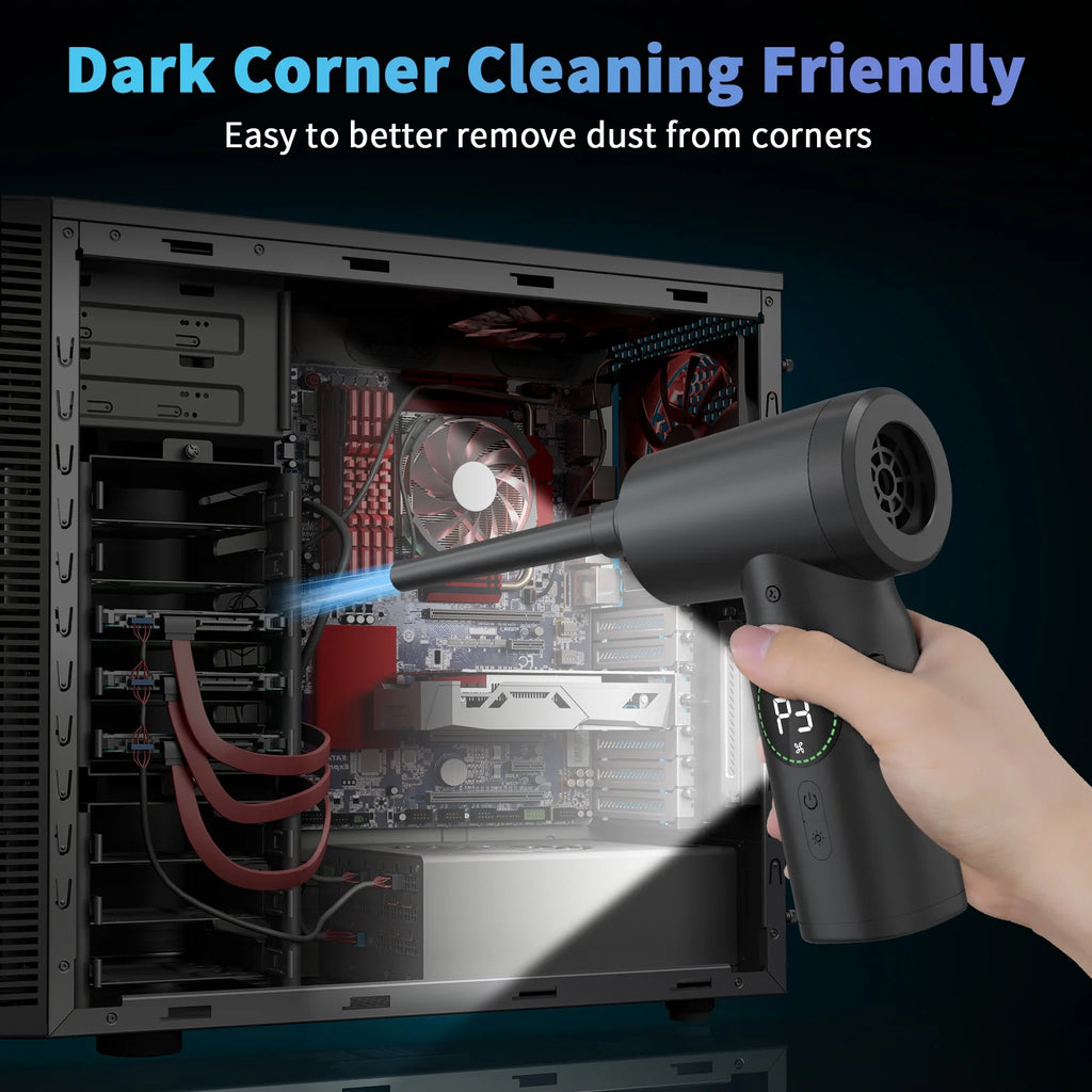 High power air duster for electronics cleaning dust from computer parts inside black PC case