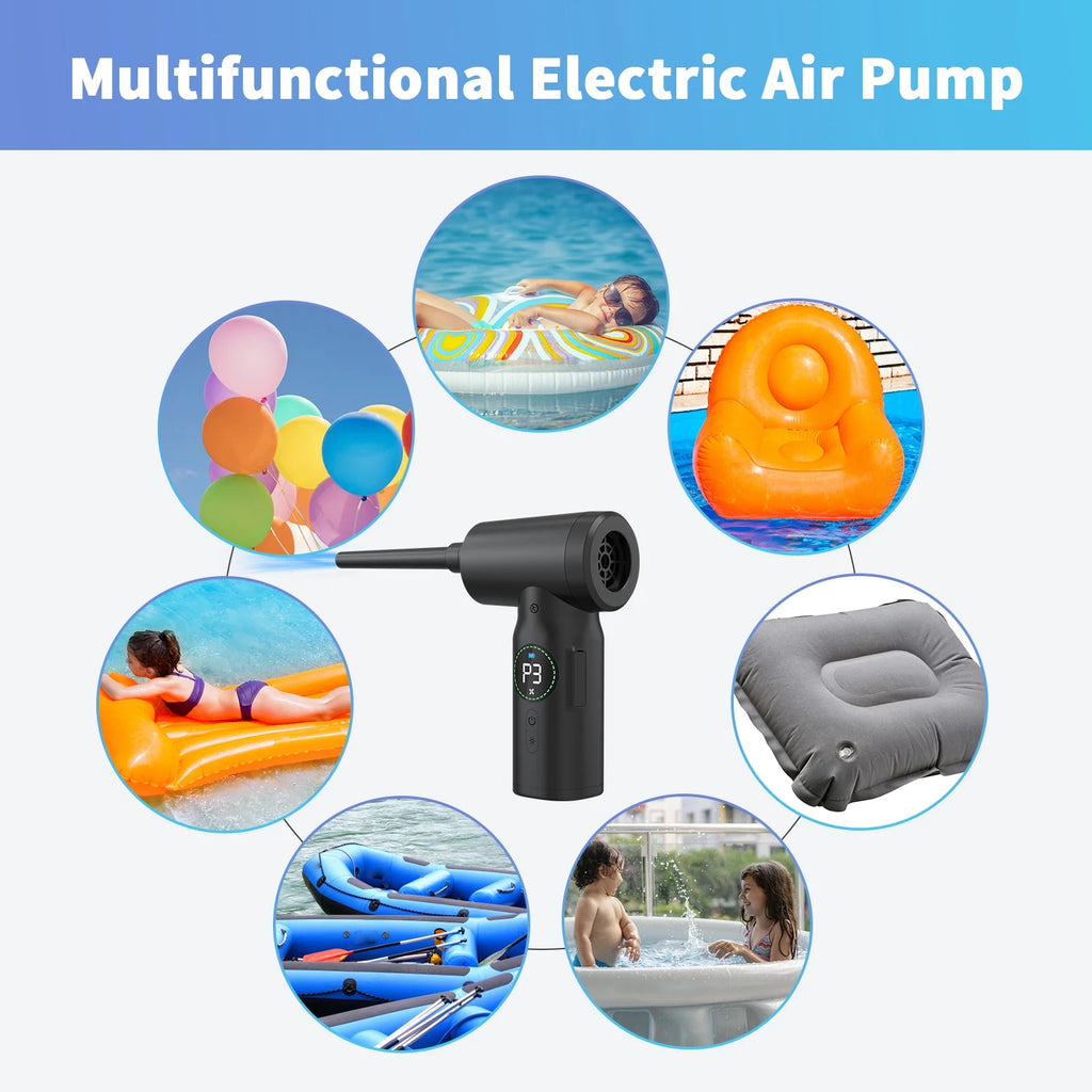 Craques high power air duster for electronics shown as a multifunctional electric air pump inflating pool floats and balloons