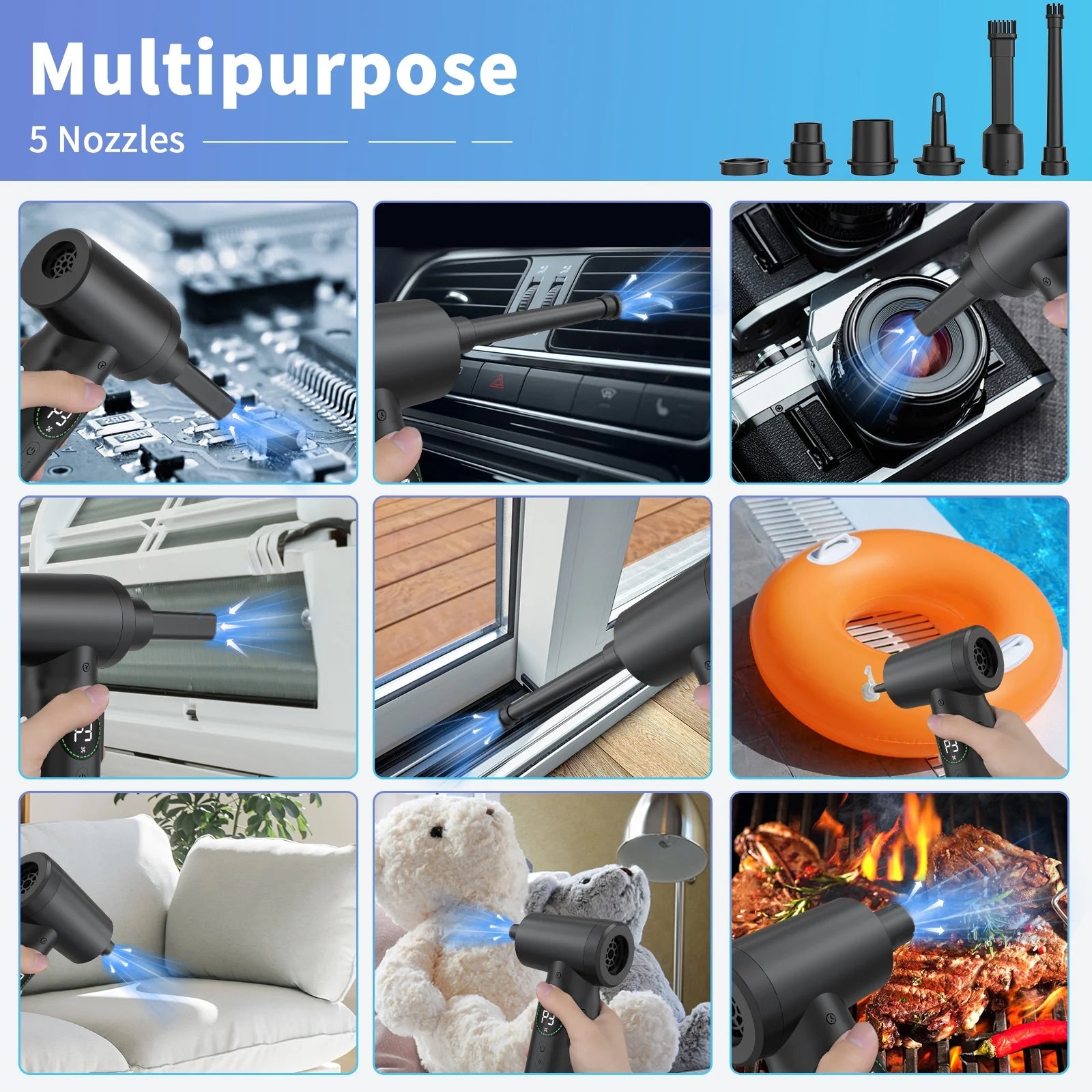 High power air duster for electronics with 5 nozzles cleaning camera lens, keyboard, window tracks, and more multipurpose uses