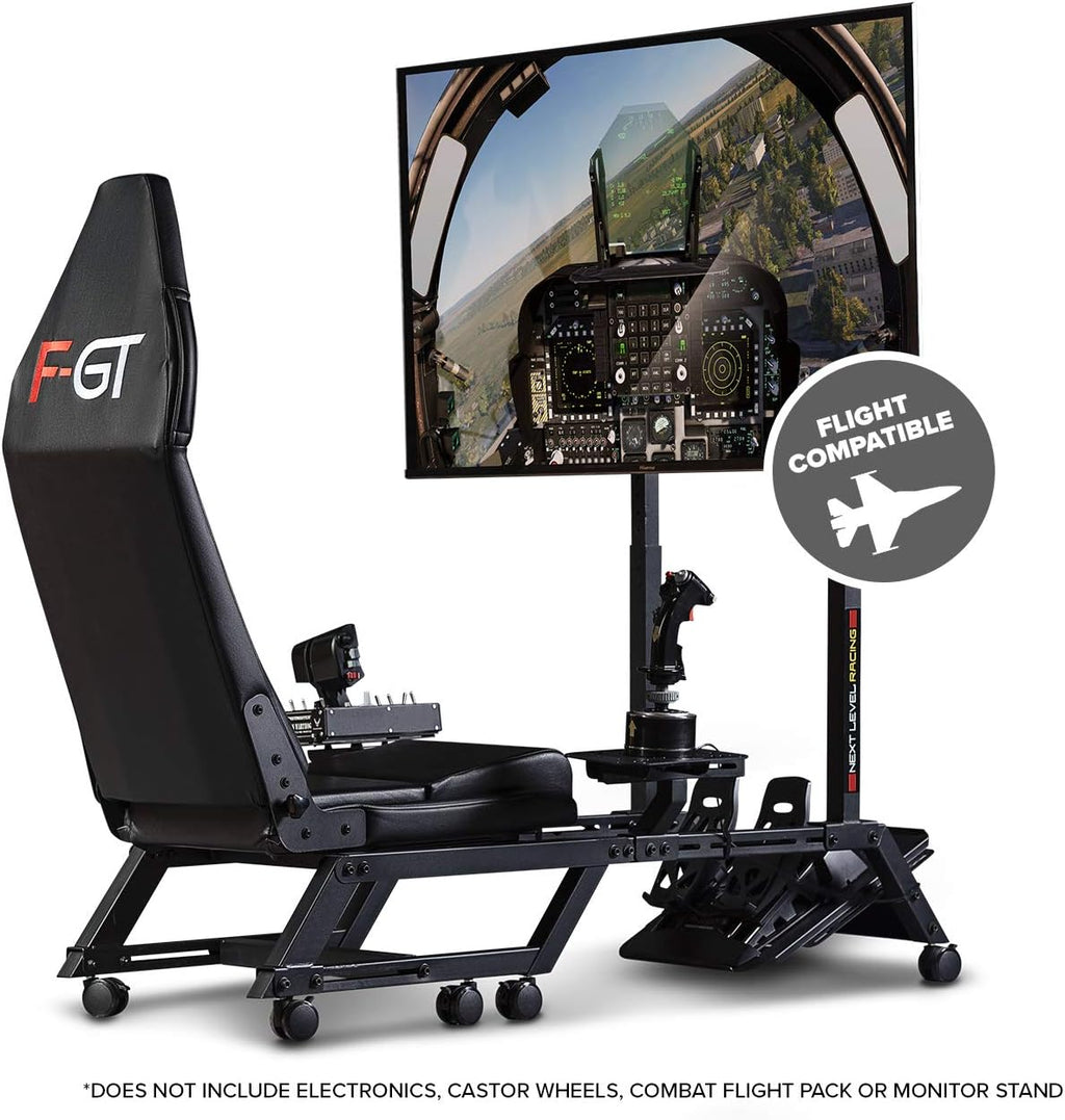 Next Level Racing F-GT simulator cockpit with black frame and flight-compatible setup for immersive racing and flight simulation