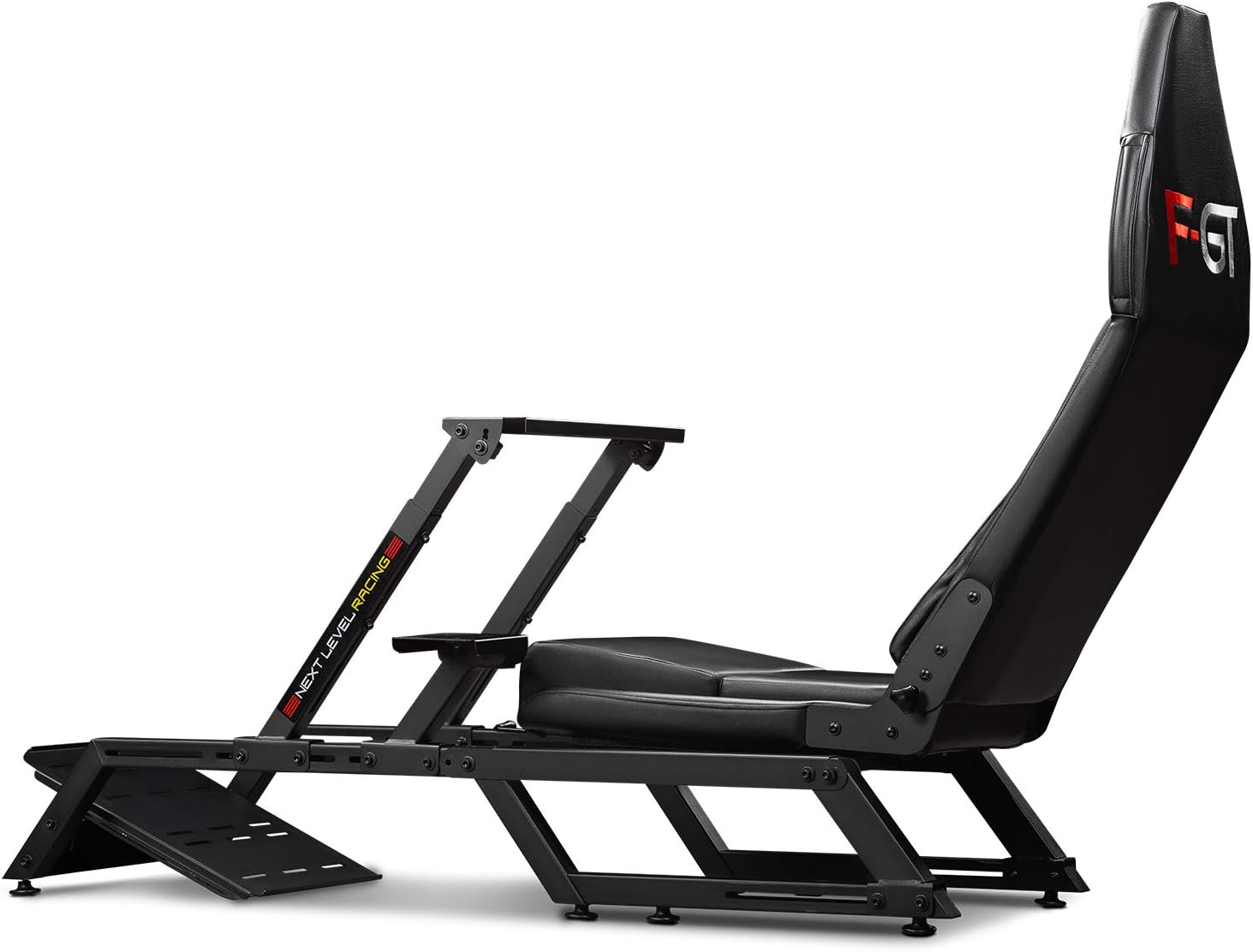 Black Next Level Racing F-GT simulator cockpit with adjustable seat and sturdy frame for racing simulation