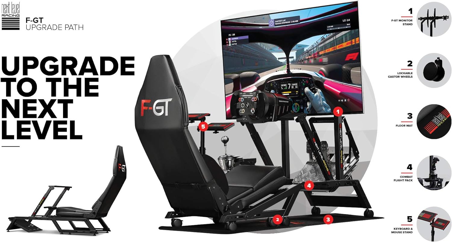 Next Level Racing F-GT simulator cockpit with adjustable seat and racing wheel stand by craques