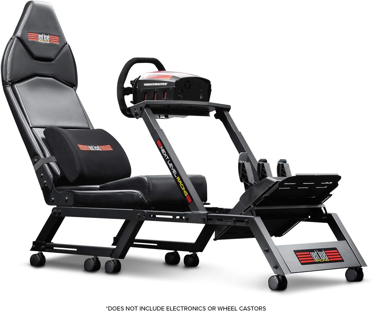 Next Level Racing F-GT simulator cockpit with black racing seat and adjustable frame for immersive racing experience
