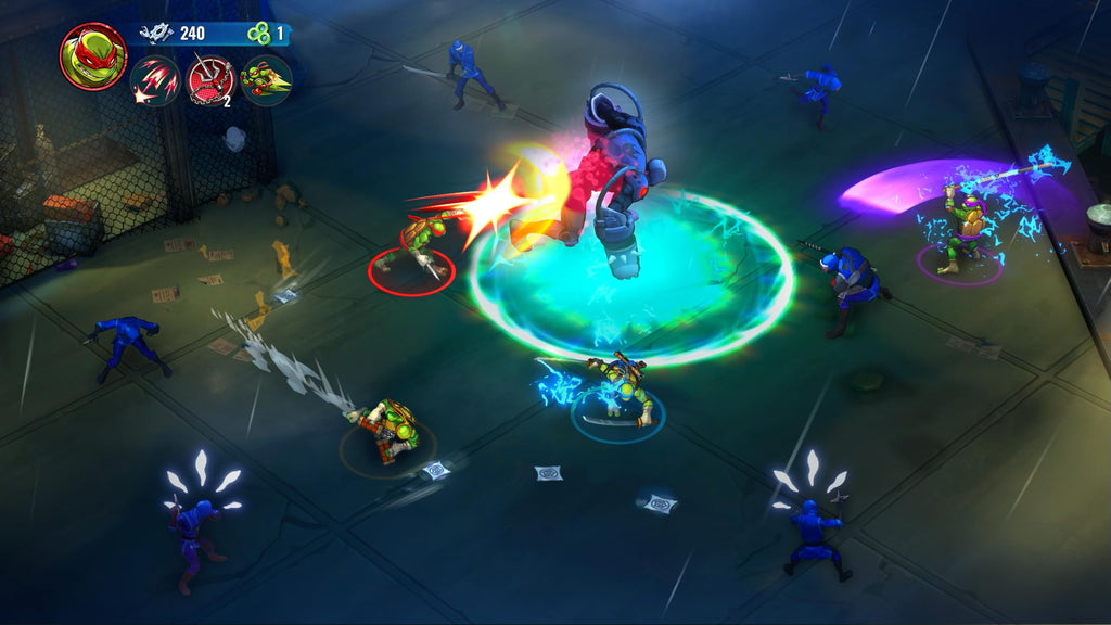 Action-packed gameplay scene from Teenage Mutant Ninja Turtles PS5 game showing characters battling enemies at night