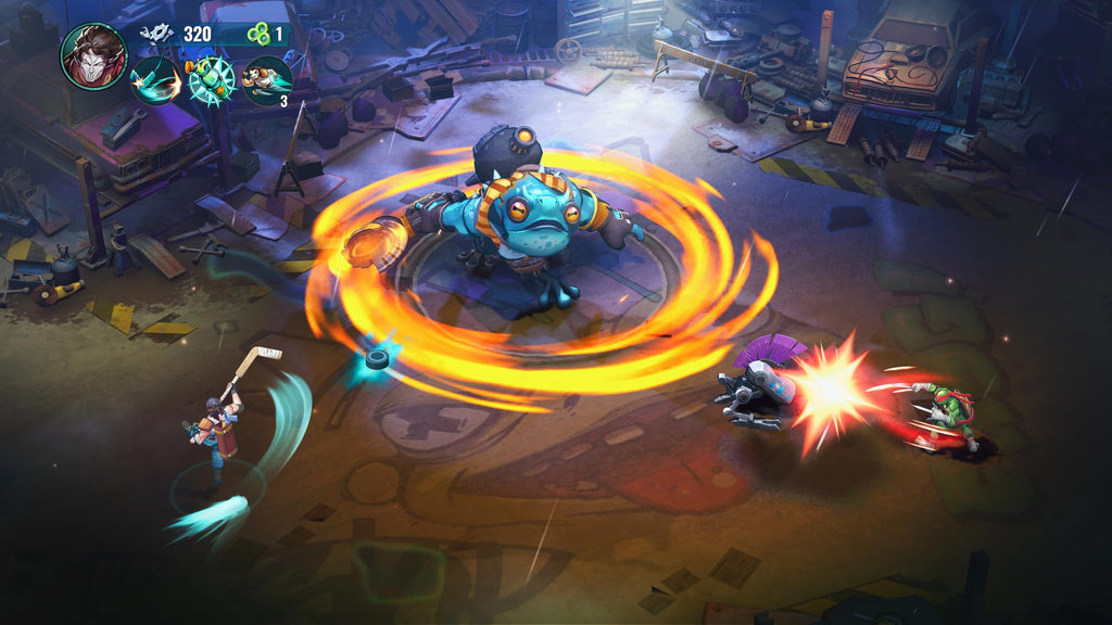 Gameplay scene from Teenage Mutant Ninja Turtles PS5 game showing characters battling a large robotic enemy