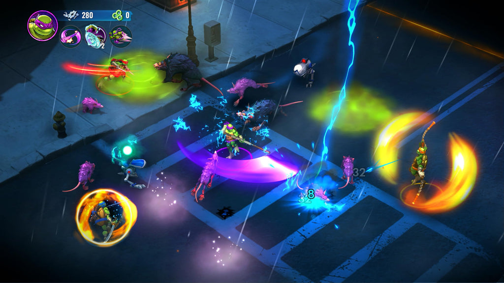 Action-packed gameplay scene from Teenage Mutant Ninja Turtles PS5 game showing characters fighting enemies with colorful effects