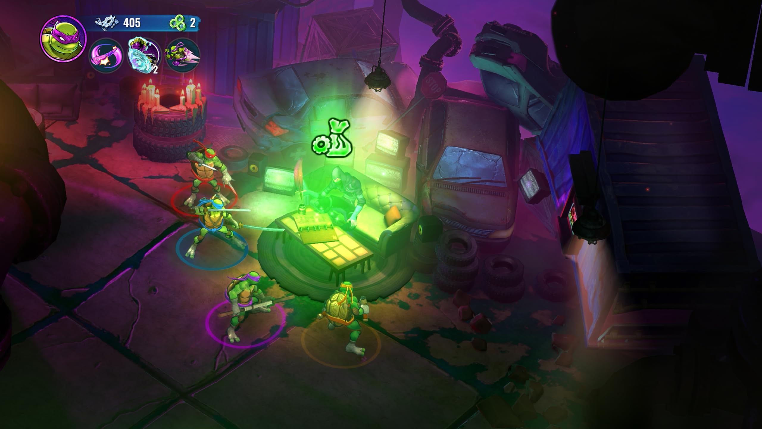 Screenshot of Teenage Mutant Ninja Turtles PS5 game showing turtles in a dark, neon-lit sewer environment