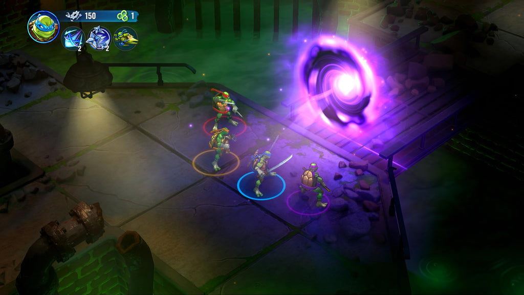 Gameplay scene from Teenage Mutant Ninja Turtles PS5 game showing turtles fighting near a glowing purple portal