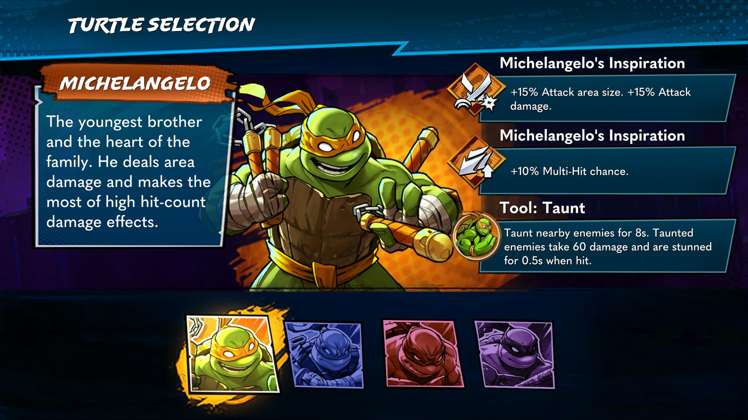 Teenage Mutant Ninja Turtles PS5 game character selection screen featuring Michelangelo and his abilities