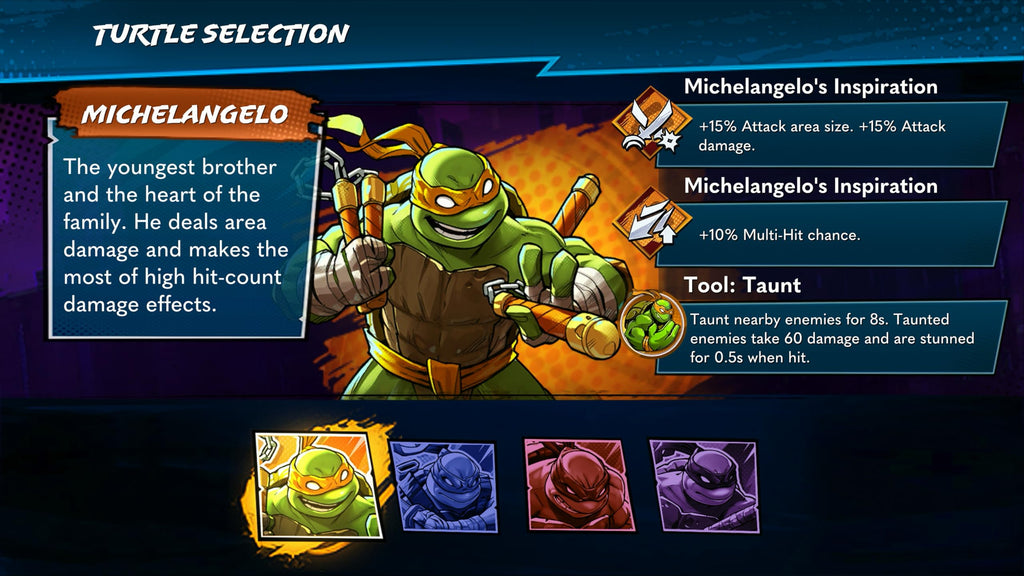 Michelangelo character selection screen from Teenage Mutant Ninja Turtles PS5 game showing attack stats and abilities