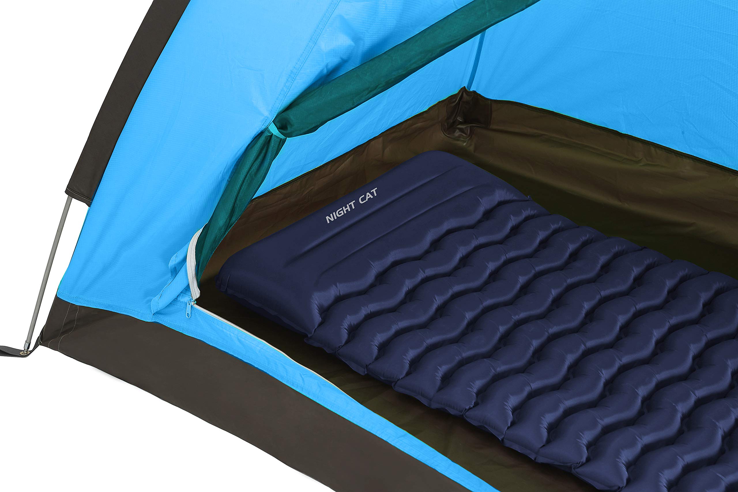Craques 1 person backpacking tent interior showing blue inflatable sleeping pad labeled night cat