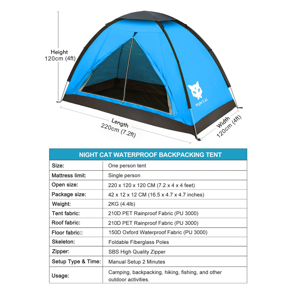 Craques blue 1 person backpacking tent with waterproof fabric and foldable fiberglass poles