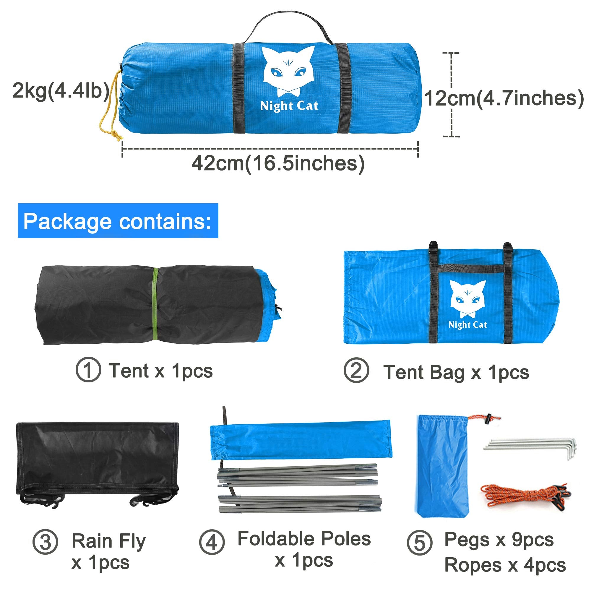 Craques 1 person backpacking tent with rain fly foldable poles pegs and ropes in compact blue bag
