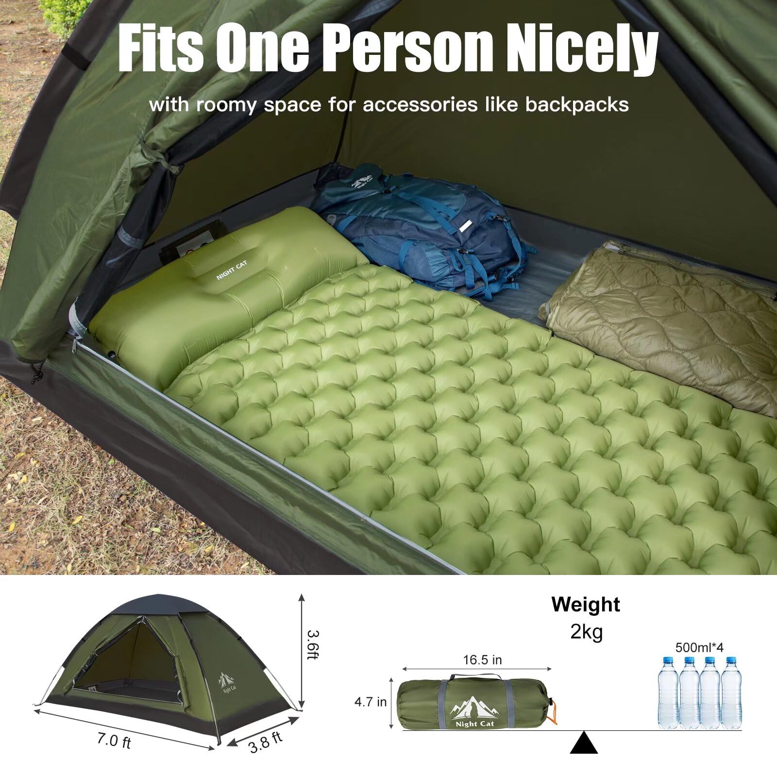 craques 1 person backpacking tent with green inflatable sleeping pad, blue backpack, and sleeping bag inside