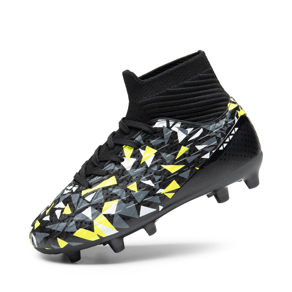 Craques boys football cleats with black high-top design and yellow white geometric pattern