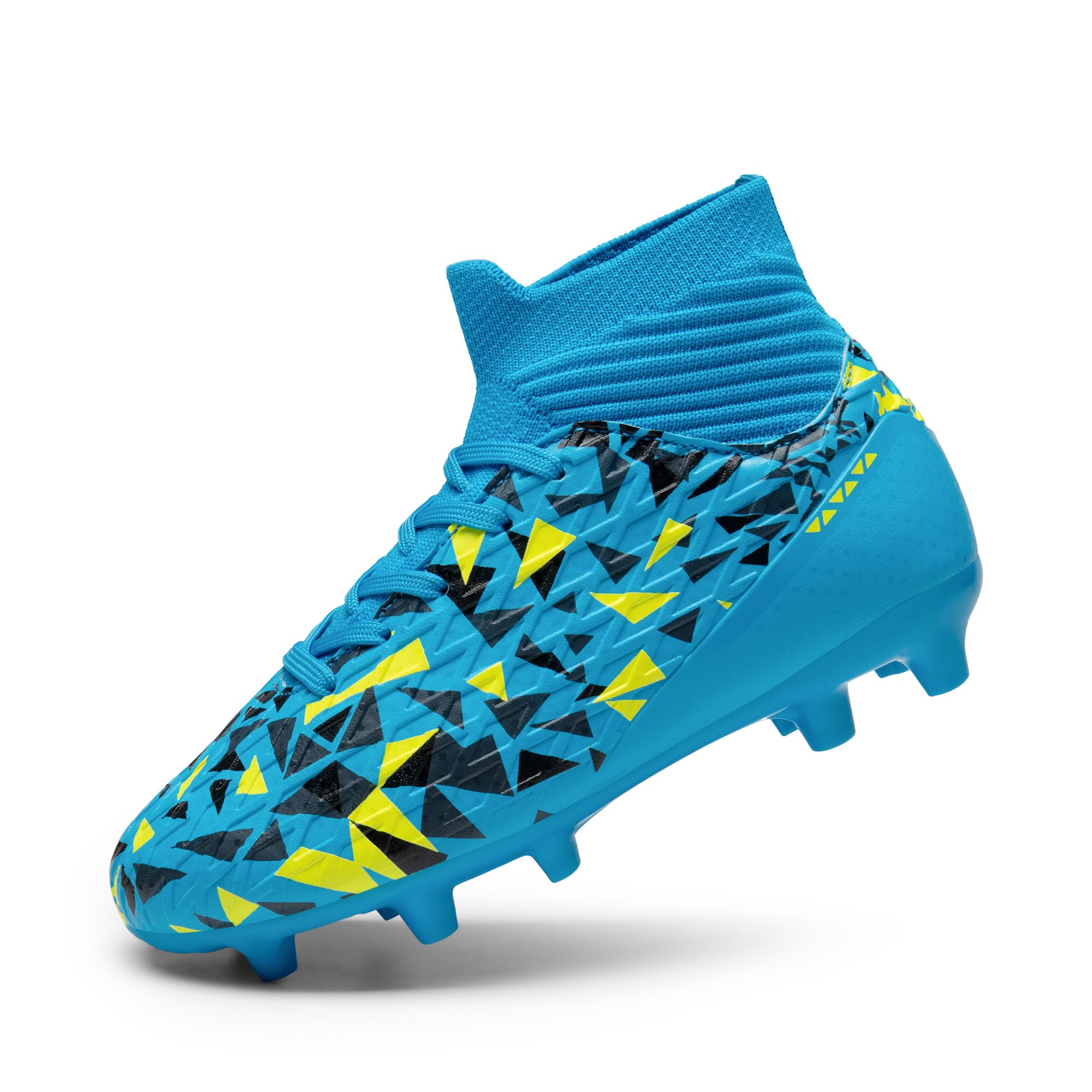 craques boys football cleats in blue with yellow and black geometric pattern and ankle collar