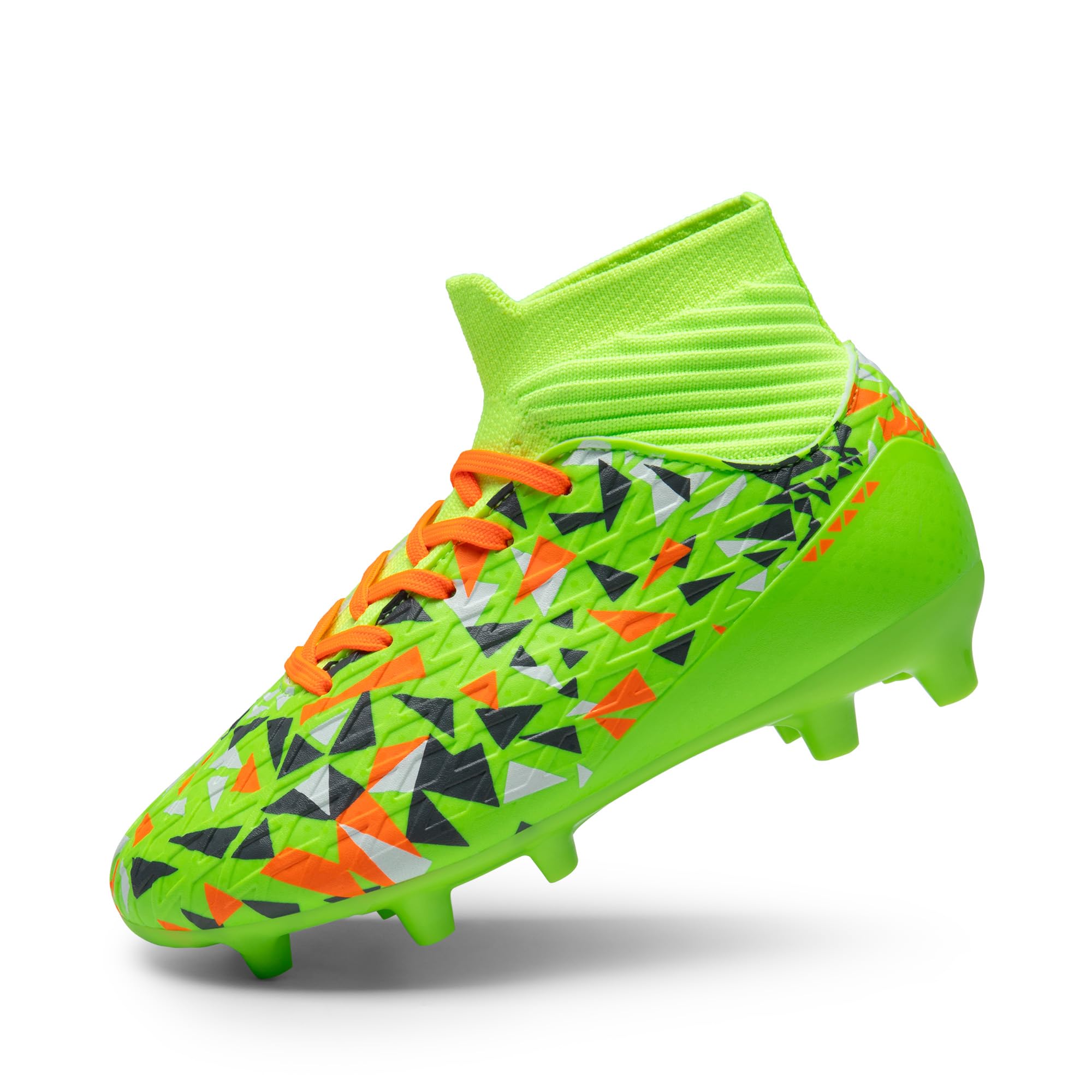 Craques bright green boys football cleats with orange laces and geometric pattern design