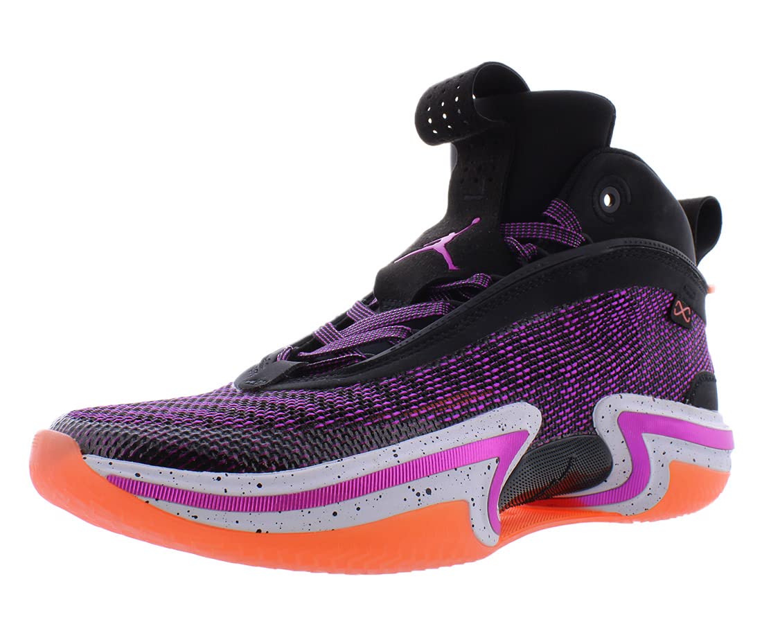 Nike men's hi-top sneakers in black and purple with orange sole and modern athletic design