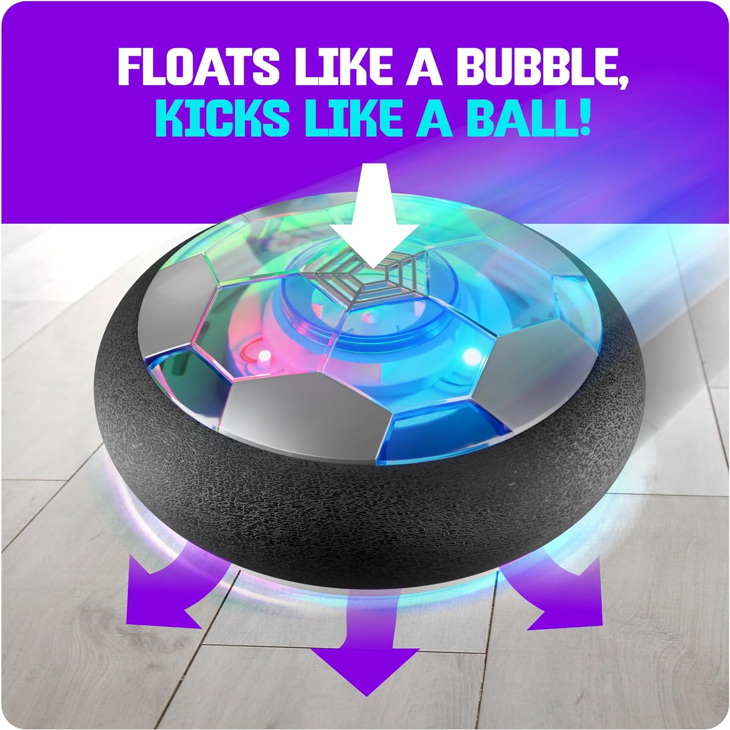 craques hover soccer ball for kids glowing with LED lights floating above floor tiles