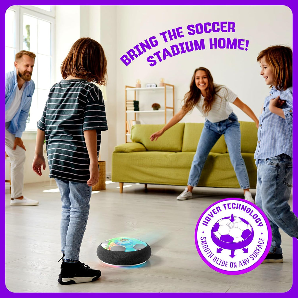 Family playing with craques hover soccer ball for kids in living room using hover technology