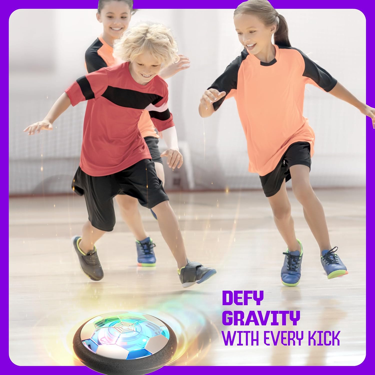 Kids playing indoors with a colorful hover soccer ball for kids under bright lights