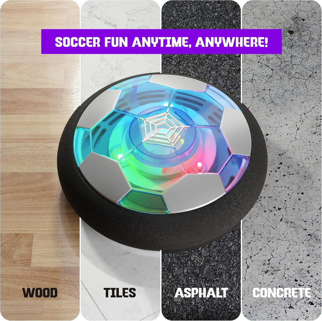 Hover soccer ball for kids glowing with colorful lights on various floor surfaces like wood tiles asphalt and concrete