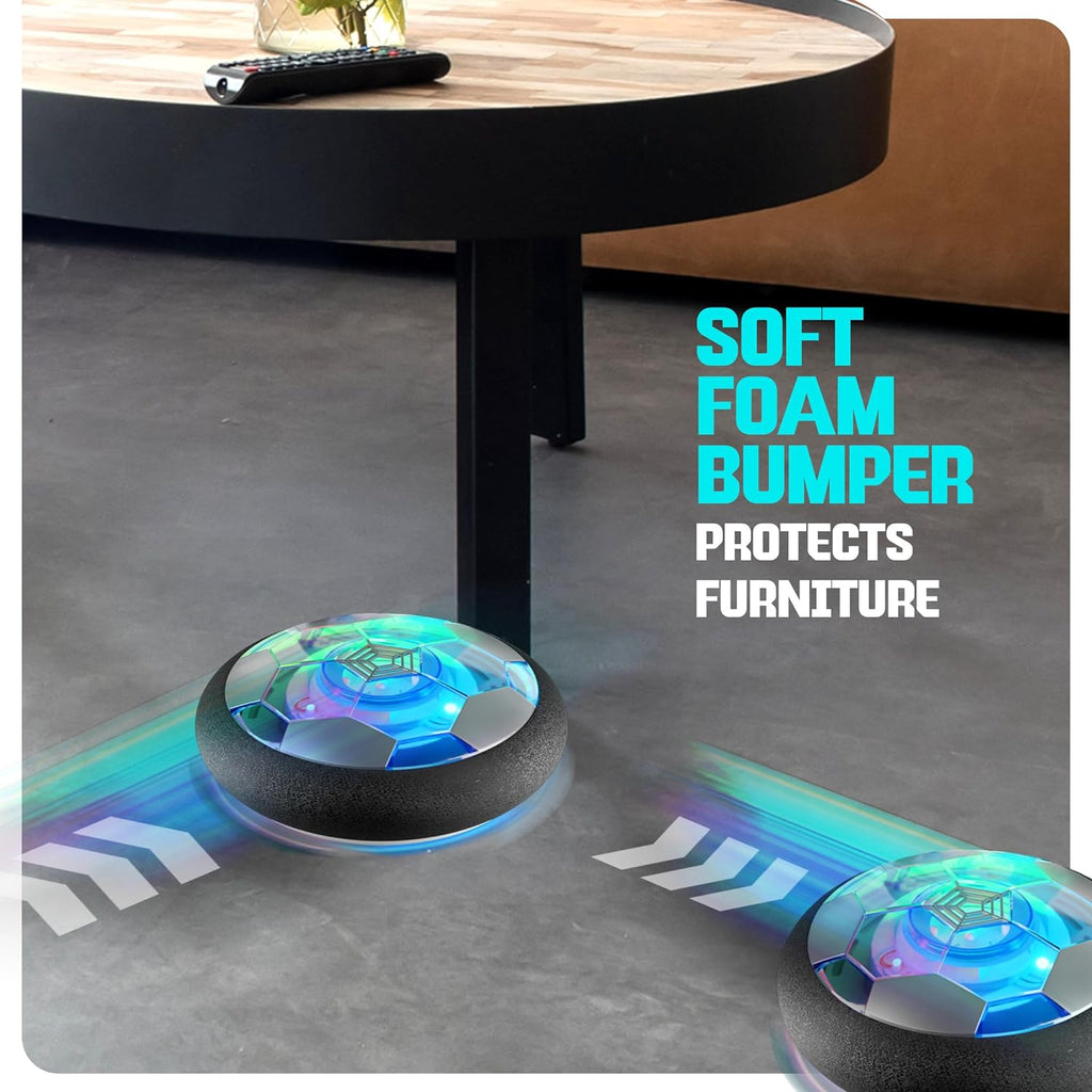 Craques hover soccer ball for kids with soft foam bumper protecting furniture and glowing blue lights