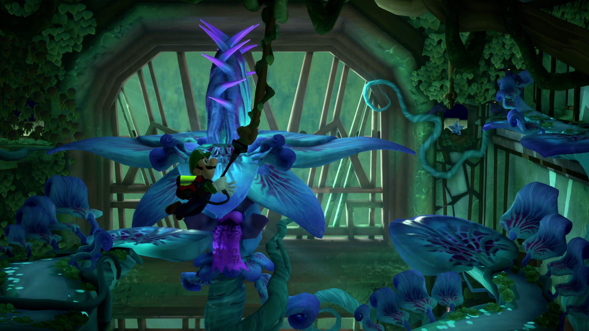 Screenshot from Luigi's Mansion 3 CAN version showing Luigi exploring a glowing haunted greenhouse