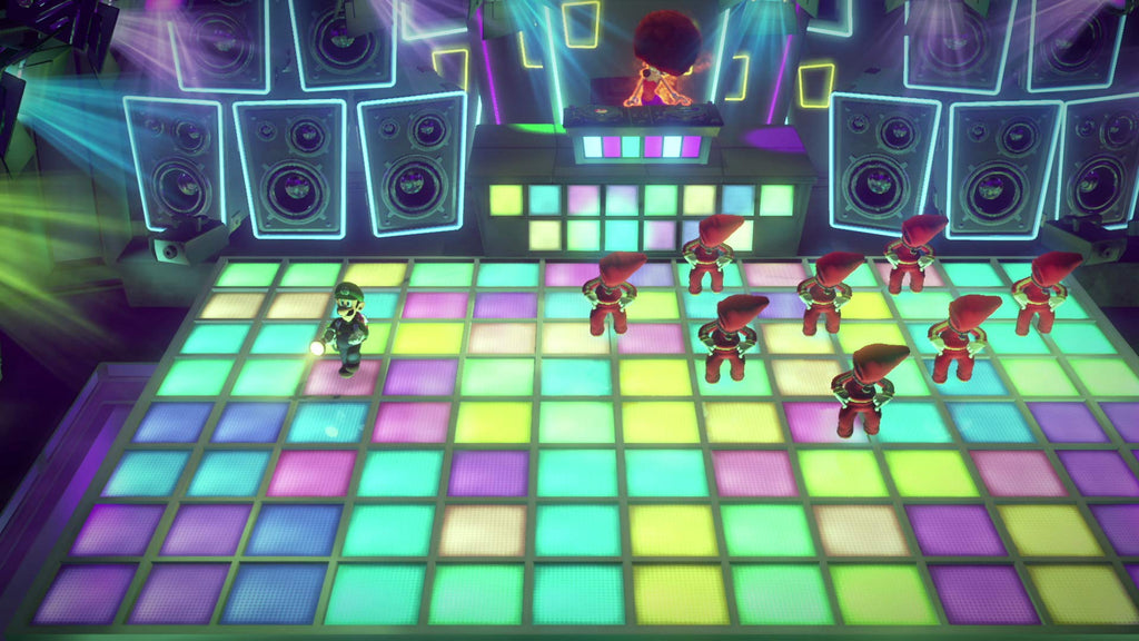 Luigi on a colorful dance floor with multiple speakers in Luigi's Mansion 3 CAN version game scene
