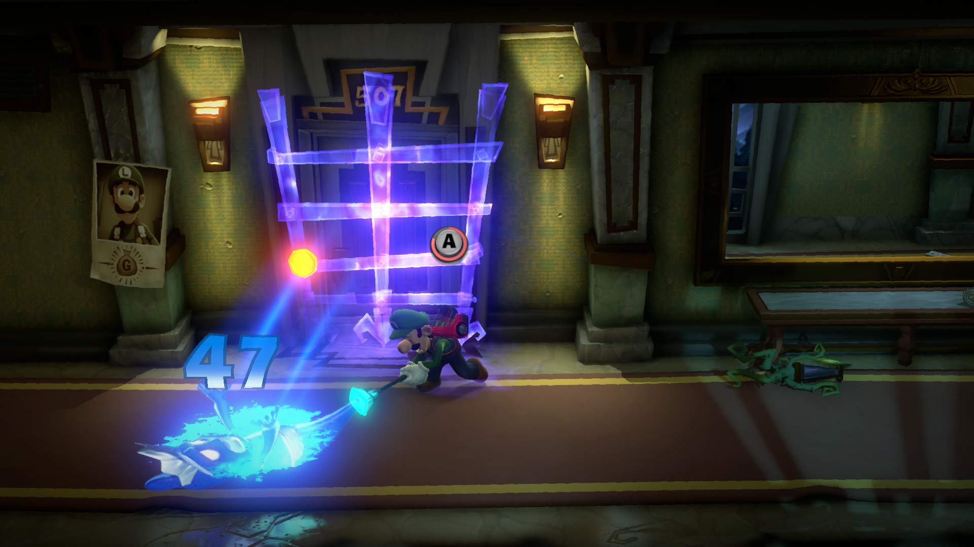 Gameplay scene from Luigi's Mansion 3 CAN version showing Luigi capturing a ghost in a haunted hallway