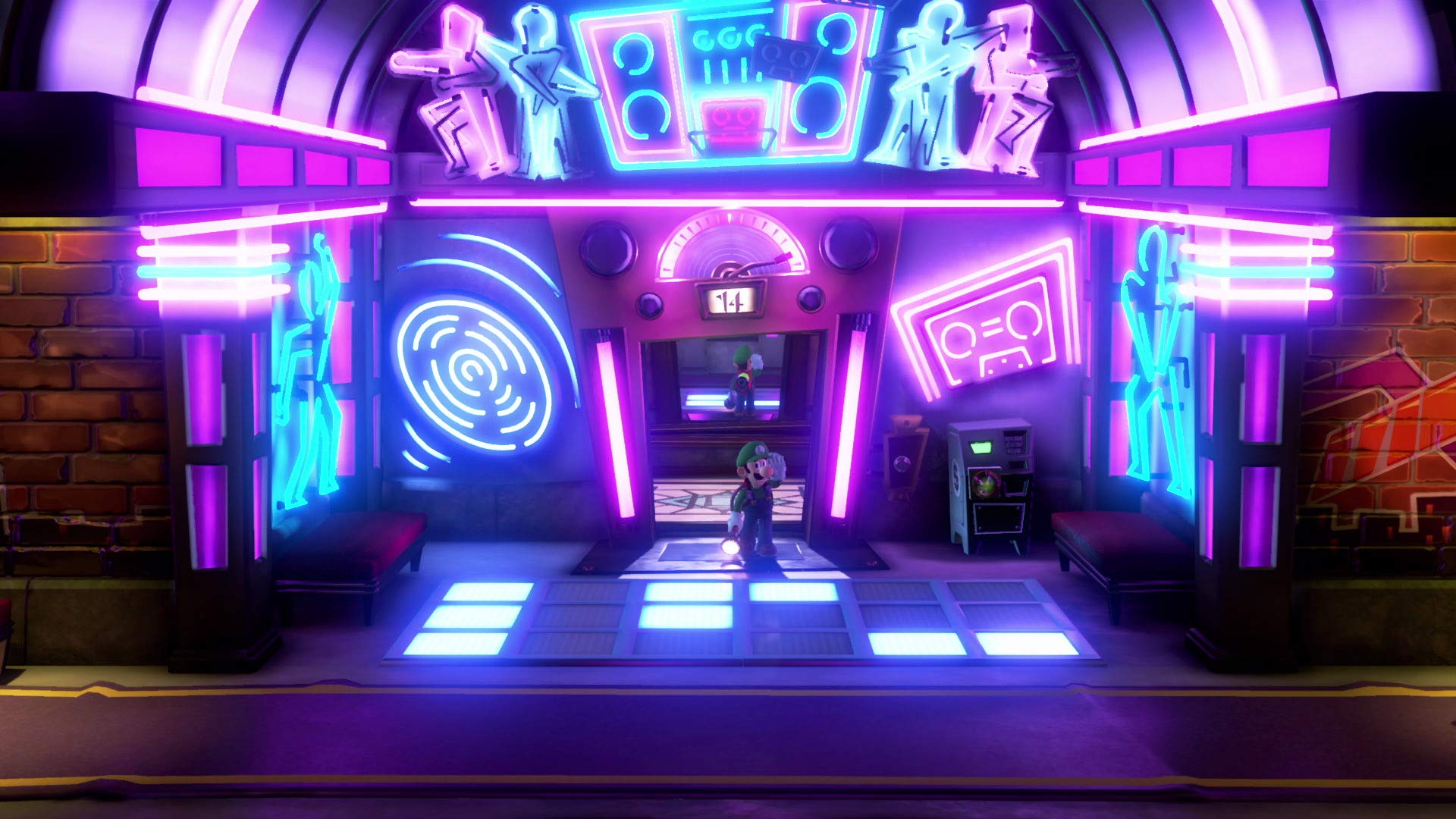 Luigi's Mansion 3 CAN version neon-lit nightclub scene with Luigi dancing on glowing floor tiles