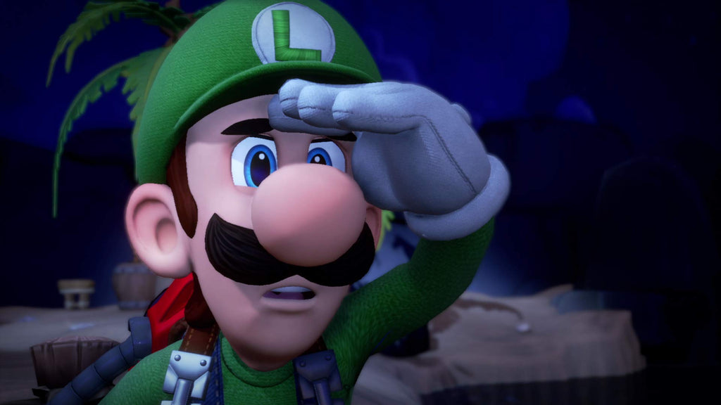 Luigi character from Luigi's Mansion 3 CAN version looking forward with hand shielding eyes in a dark haunted setting