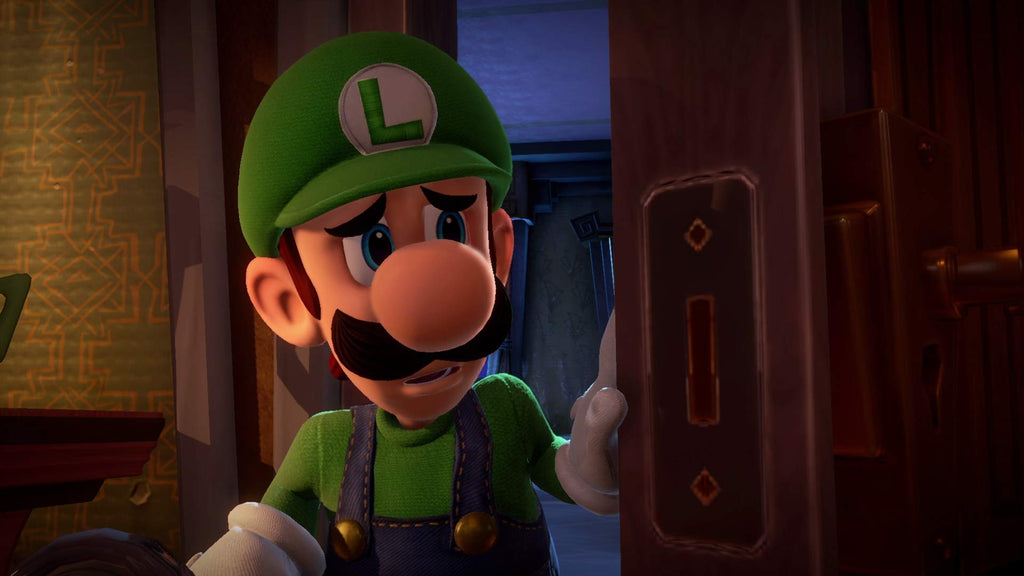 Luigi character in green outfit from Luigi's Mansion 3 CAN version opening a door in a dark room
