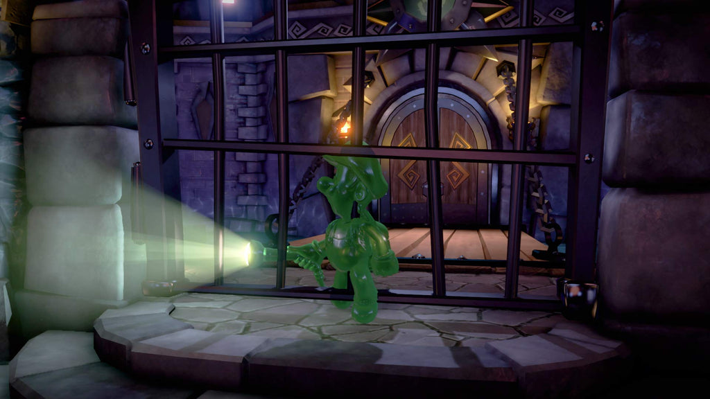 Luigi character glowing green behind bars in a dark room from Luigi's Mansion 3 CAN version game