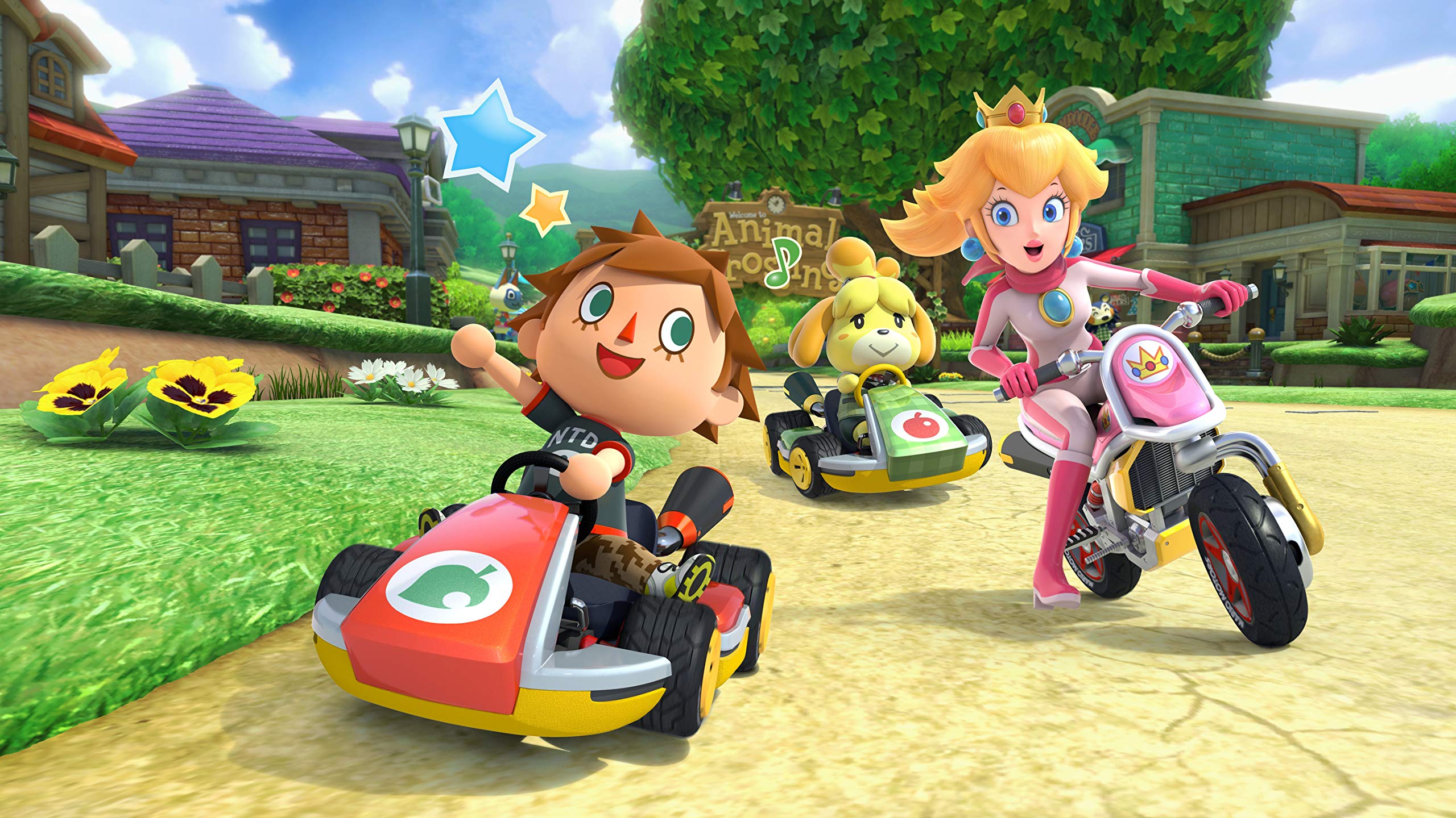 Mario Kart 8 Deluxe Nintendo Switch characters racing on a colorful track with karts and bikes