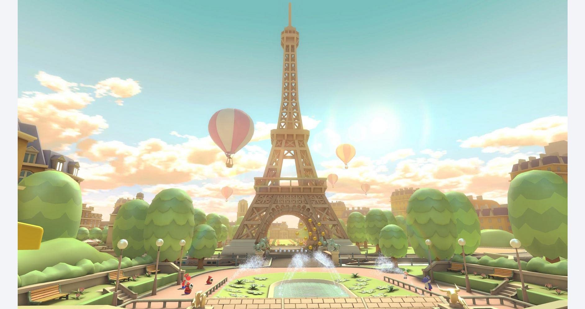Mario Kart 8 Deluxe Nintendo Switch gameplay scene featuring the Eiffel Tower and colorful hot air balloons
