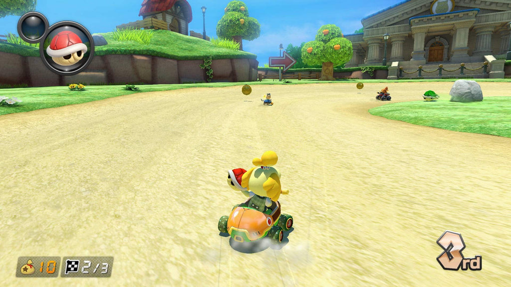 Gameplay scene of Mario Kart 8 Deluxe Nintendo Switch featuring character racing on a colorful track