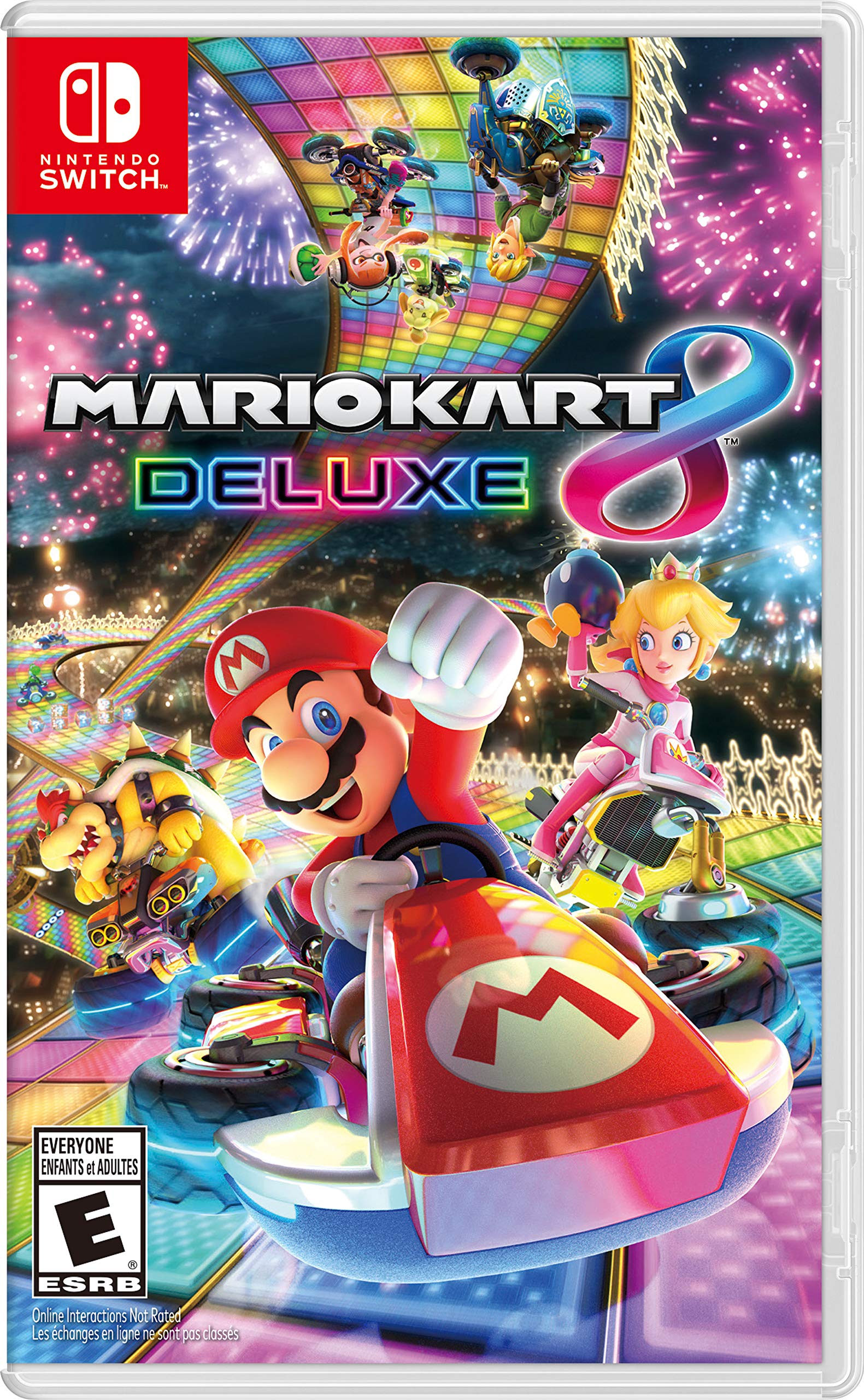 Mario Kart 8 Deluxe Nintendo Switch game cover featuring Mario driving a kart with vibrant Rainbow Road background
