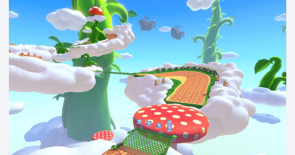 Mario Kart 8 Deluxe Nintendo Switch gameplay featuring a colorful sky track with clouds and oversized mushrooms