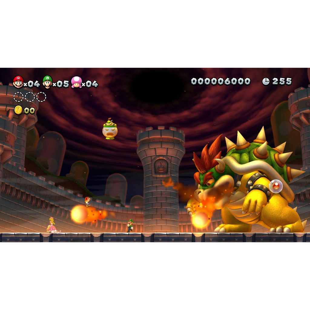 Gameplay scene from Super Mario Bros U Deluxe Switch with characters fighting Bowser in a castle setting