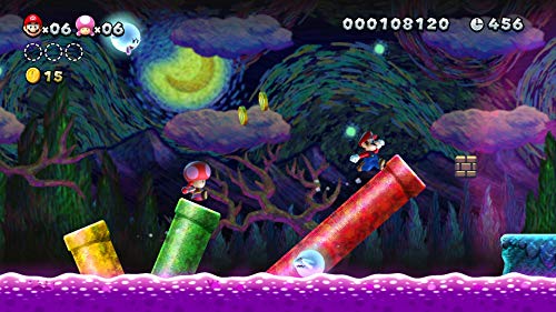 Super Mario and Toad navigating colorful pipes in a dark forest level in Super Mario Bros U Deluxe Switch game